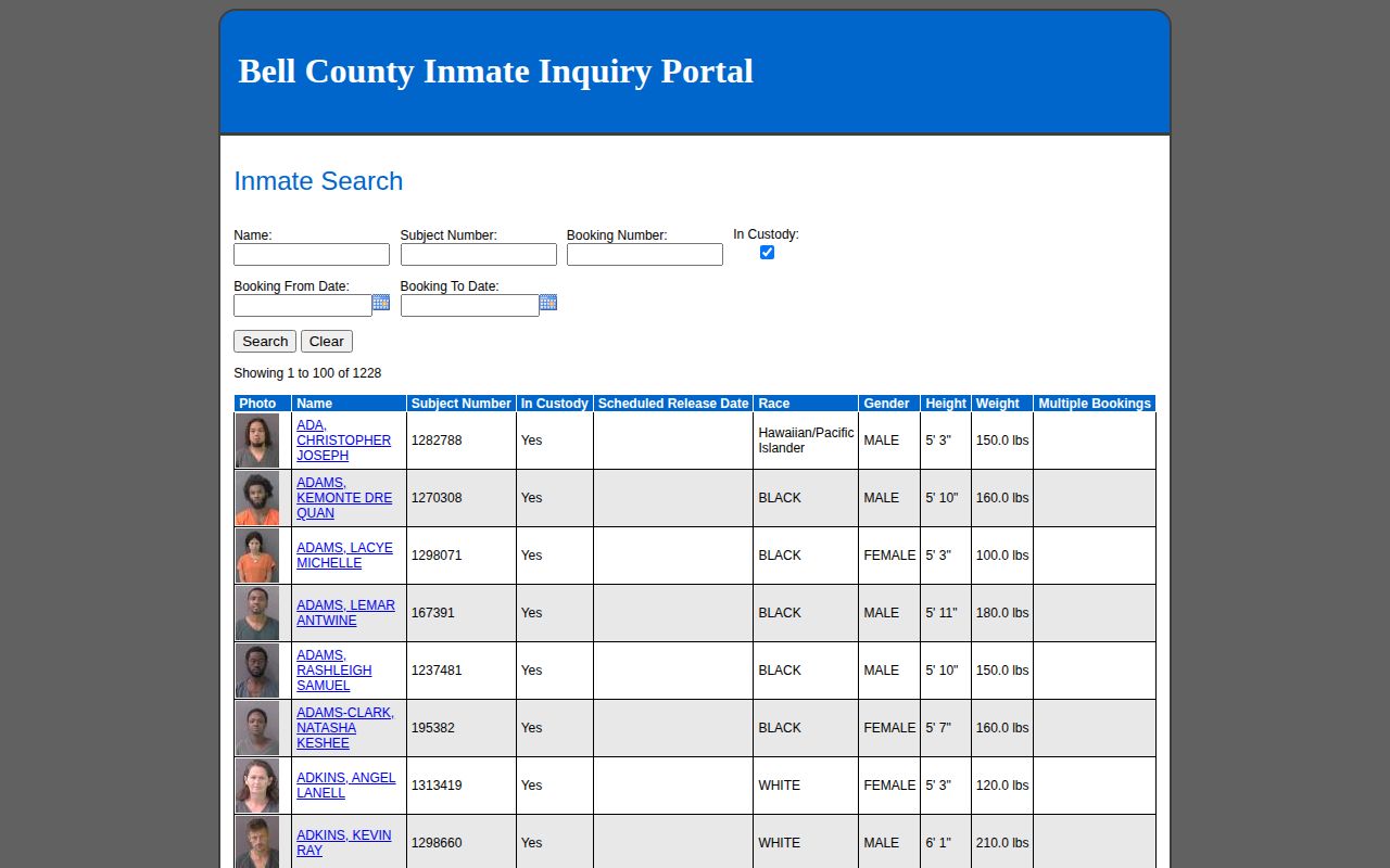 Bell County current custody roster results
