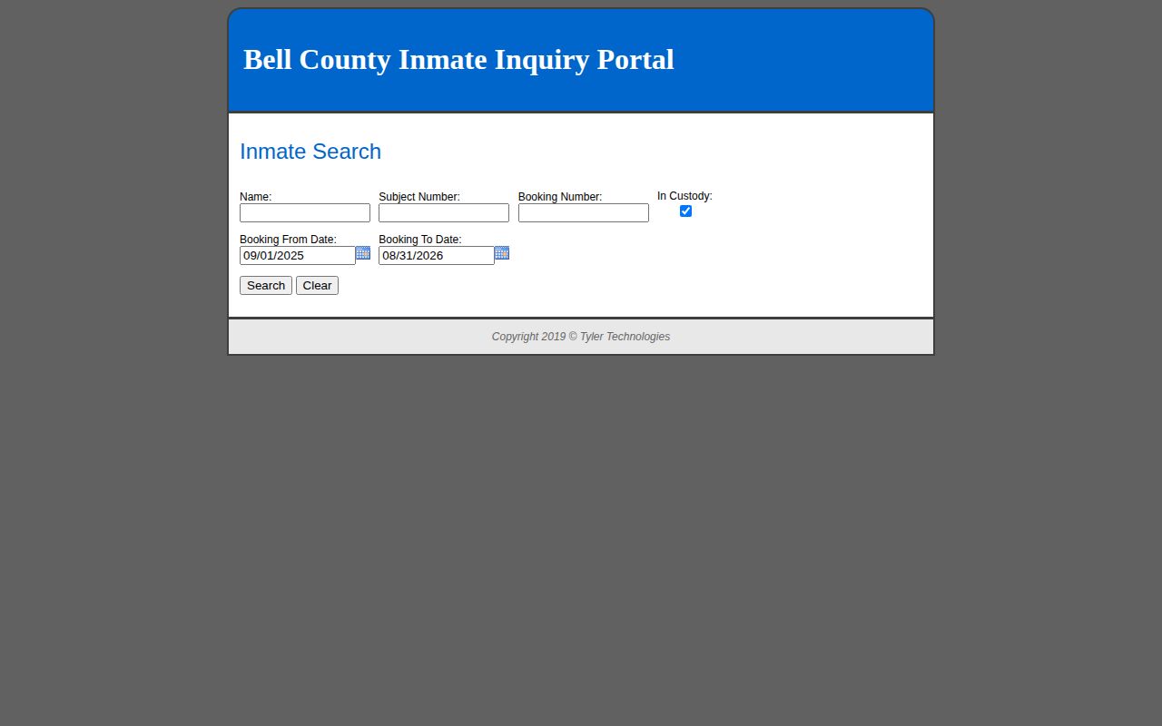 Bell County official inmate inquiry booking search page