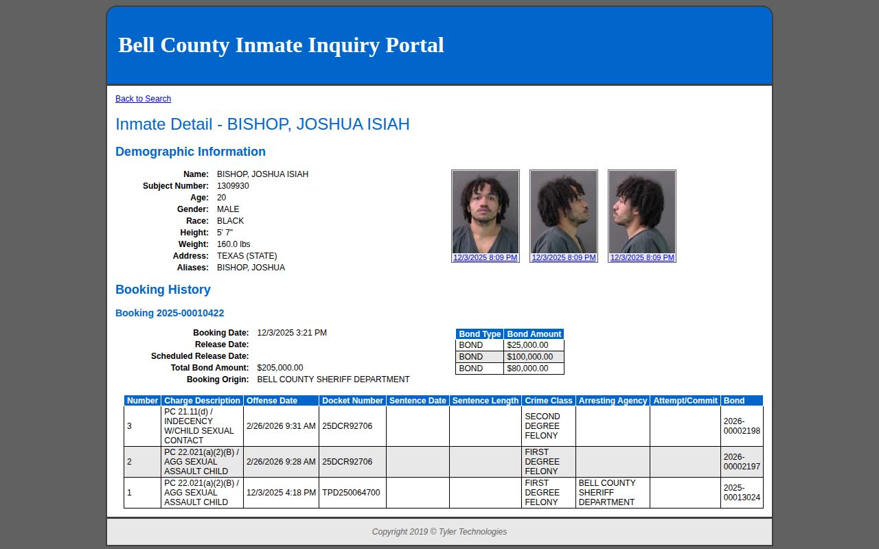 Bell County official booking record detail interface