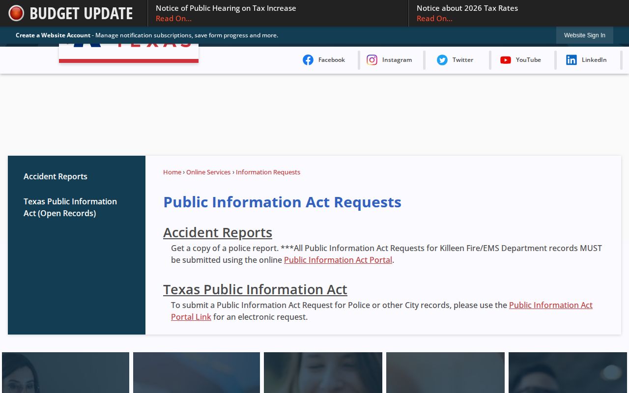Killeen information requests page for Bell County arrest records